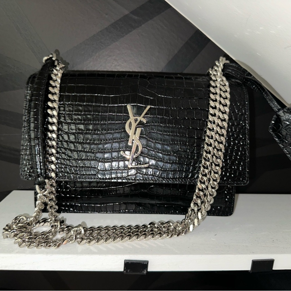 Yves Saint Laurent Black Croc-Embossed Shoulder Bag